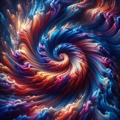 The primary subject of the image is a vibrant, colorful spiral pattern. The spiral is composed of various colors, including red, blue, and orange, creating a visually striking and dynamic scene. The spiral is set against a backdrop of a blue and purple sky, which adds to the overall atmosphere of the image. The visual style of the image is a combination of digital art and illustration, showcasing the artist's creativity and skill in crafting a captivating and unique design.